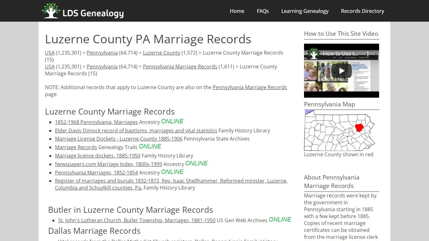 Luzerne County PA Marriage Records - LDS Genealogy