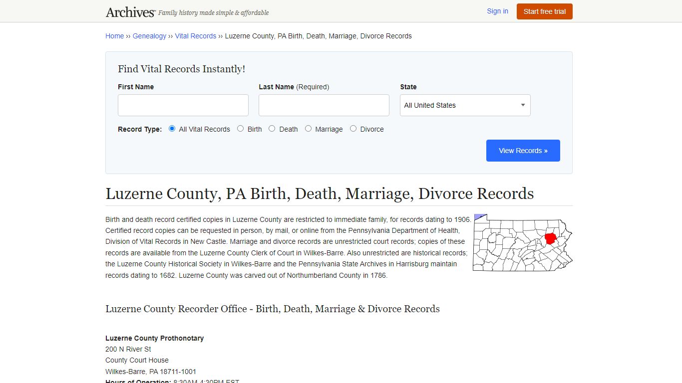 Luzerne County, PA Birth, Death, Marriage, Divorce Records - Archives.com